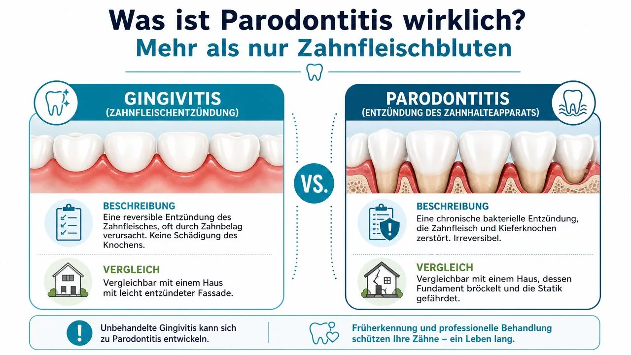 Vergleichsgrafik zwischen Gingivitis und Parodontitis, die Unterschiede in Entzündung, Knochenschädigung und Schweregrad der Zahnerkrankung verdeutlicht.