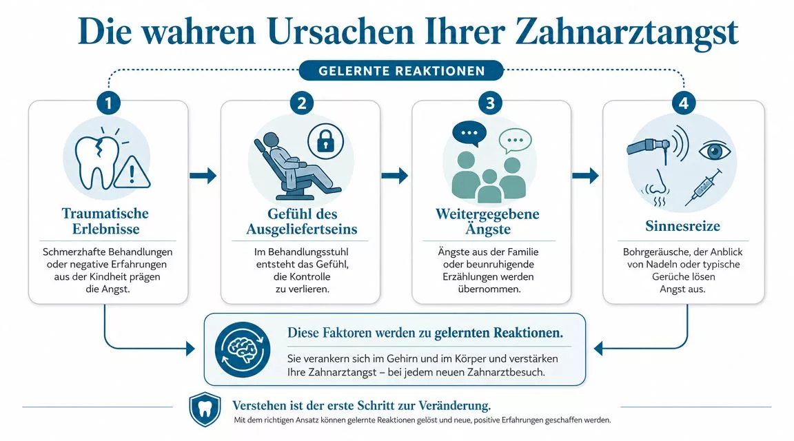 Infografik über die Ursachen von Zahnarztangst, dargestellt durch vier Phasen und gelernte Reaktionen im Gehirn.