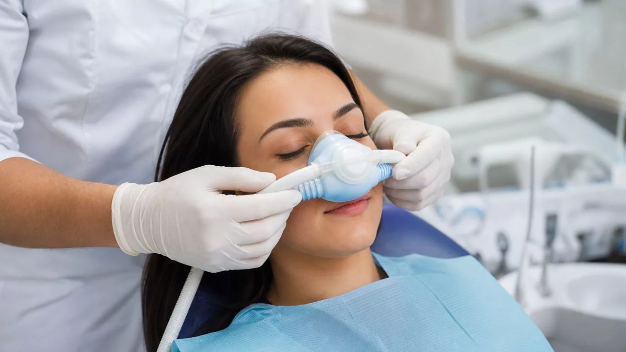 Eine Zahnärztin hält eine Lachgasmaske über das Gesicht einer entspannten Patientin während einer zahnärztlichen Behandlung in der Praxis.