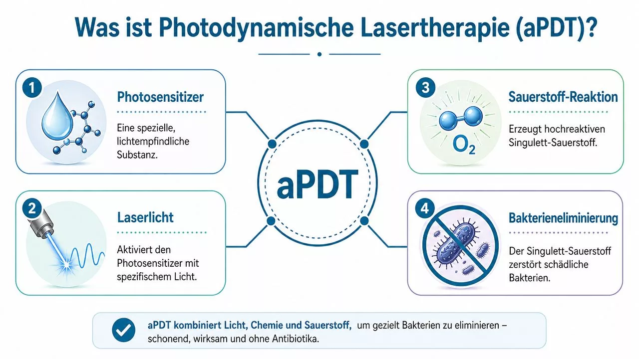 Infografik zur Funktionsweise der antimikrobiellen photodynamischen Lasertherapie (aPDT) in vier einfachen Schritten erklärt.