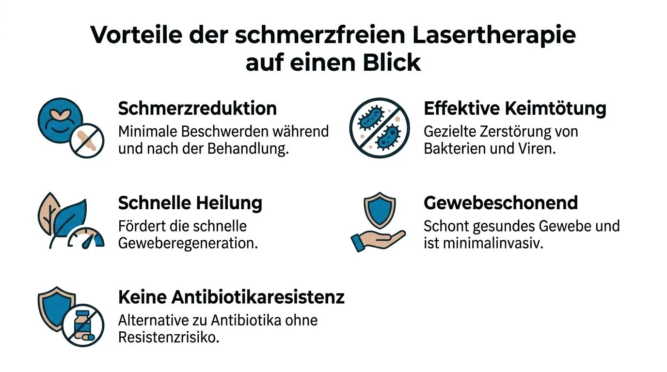 Eine Übersicht der Vorteile einer schmerzfreien Lasertherapie, einschließlich schneller Heilung und effektiver Keimtötung ohne Antibiotikaresistenzen.