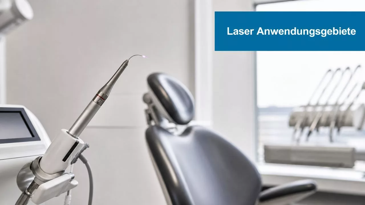 Ein zahnärztliches Lasergerät für professionelle Behandlungen in einer modernen Praxisumgebung mit einem Zahnarztstuhl im Hintergrund.