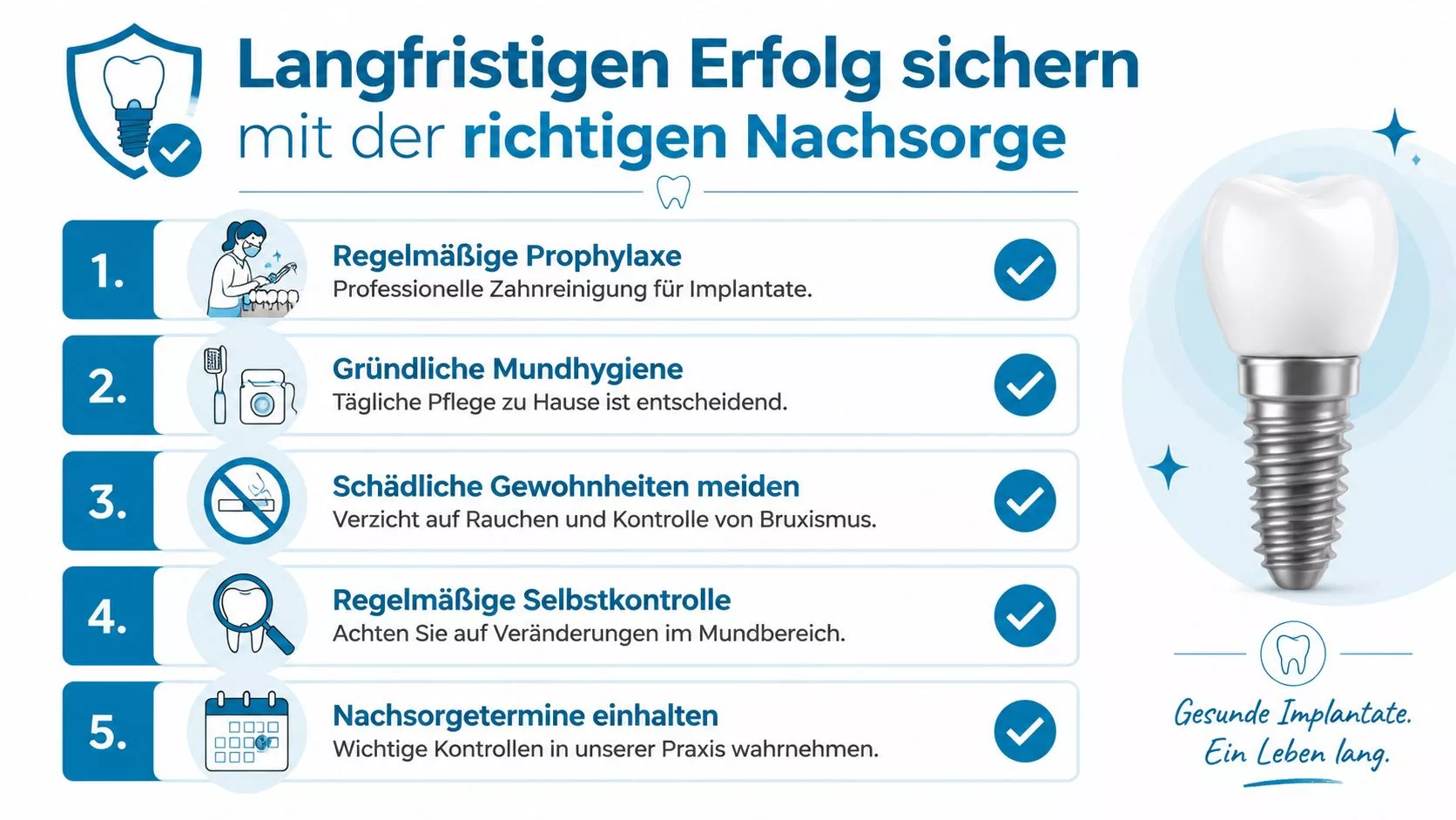Infografik mit fünf Schritten zur richtigen Nachsorge für Zahnimplantate, um langfristigen Erfolg und Zahngesundheit zu sichern.