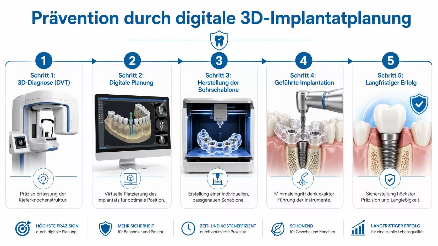 Eine Infografik zeigt die fünf Schritte einer digitalen 3D-Implantatplanung für eine sichere und präzise zahnärztliche Behandlung.