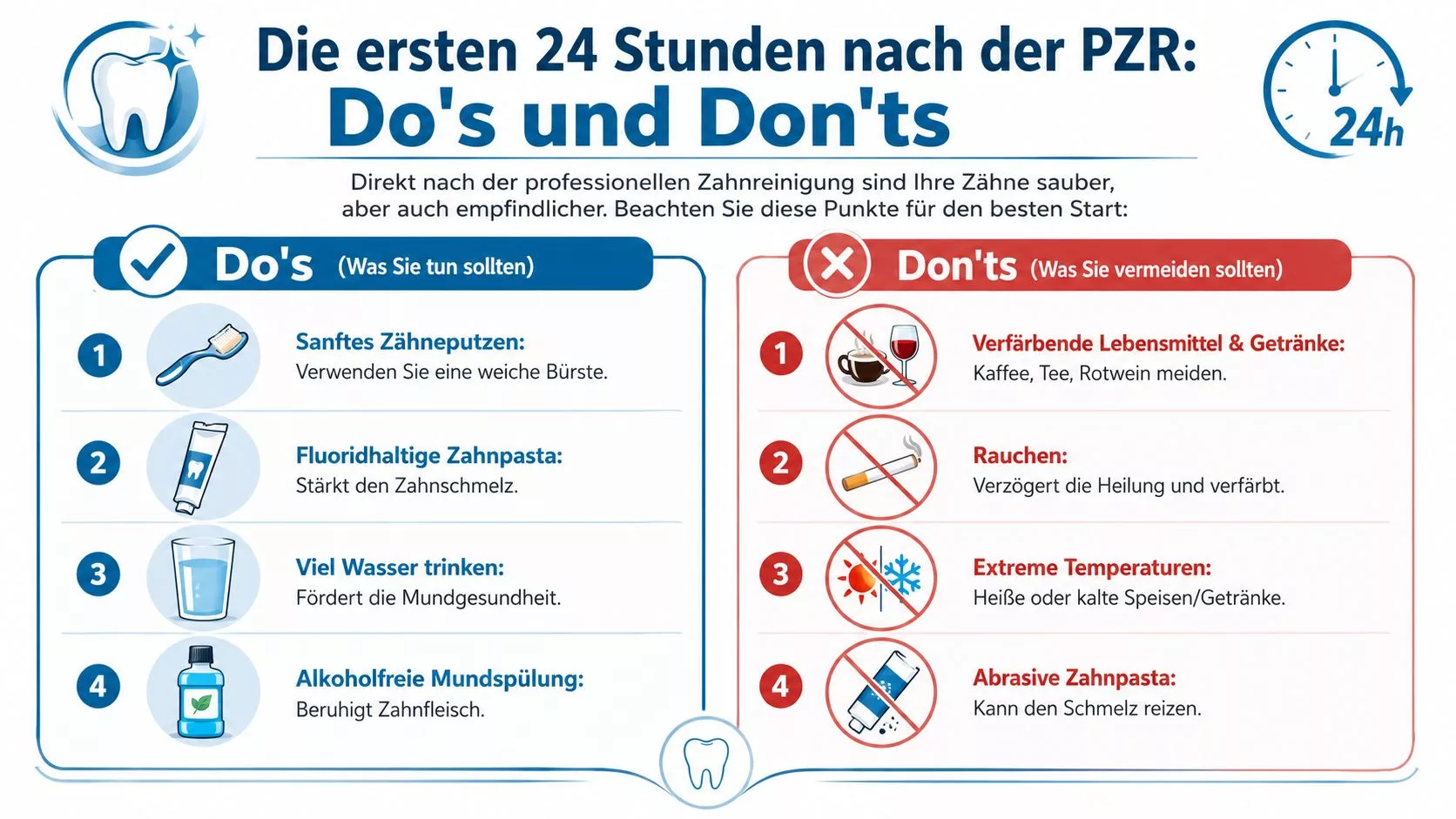 Eine informative Infografik mit Tipps für das Verhalten in den ersten 24 Stunden nach einer professionellen Zahnreinigung.