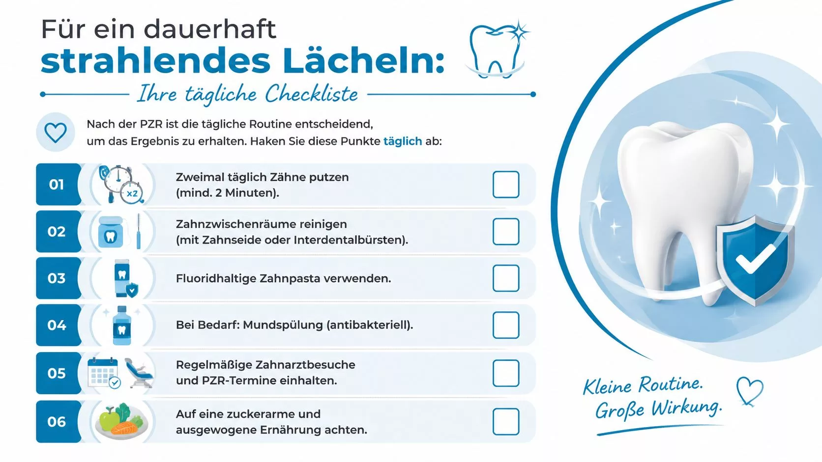 Eine Infografik mit einer täglichen Checkliste für die optimale Zahnpflege nach einer professionellen Zahnreinigung.