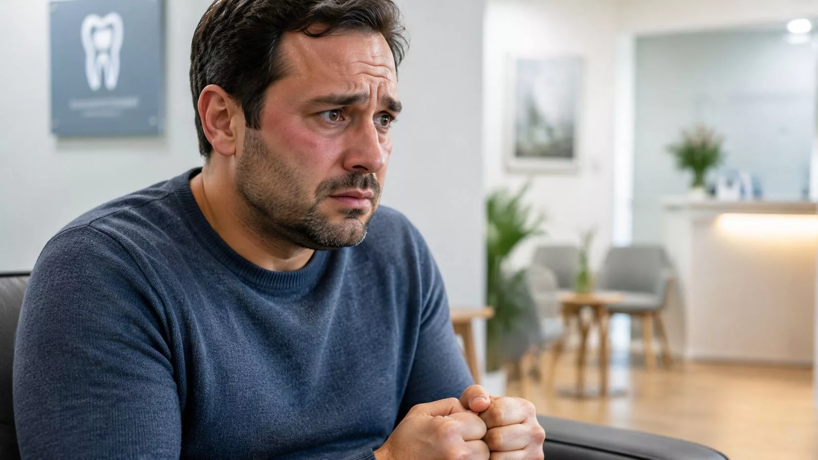 Ein besorgter Patient sitzt mit angespannten Händen im Wartezimmer einer modernen Zahnarztpraxis und wirkt sehr nachdenklich.