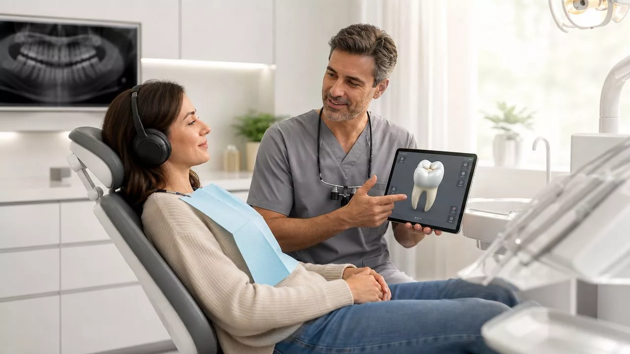 Ein freundlicher Zahnarzt erklärt einer entspannten Patientin mit Kopfhörern eine digitale Zahnanimation auf einem Tablet.