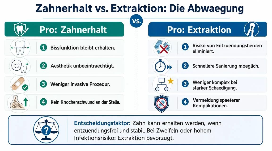 Eine Infografik, die die Vor- und Nachteile von Zahnerhalt im Vergleich zu einer Zahnextraktion gegenüberstellt und abwägt.