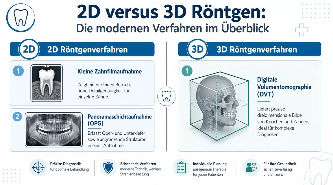 Vergleich zwischen zweidimensionalen und dreidimensionalen Röntgenverfahren in der modernen Zahnmedizin mit anschaulichen Grafiken und Kurzerklärungen.