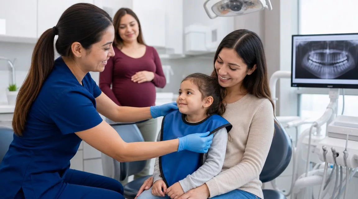 Eine Zahnarzthelferin legt einem jungen Mädchen für eine Röntgenaufnahme beim Zahnarzt eine schützende Bleischürze an.