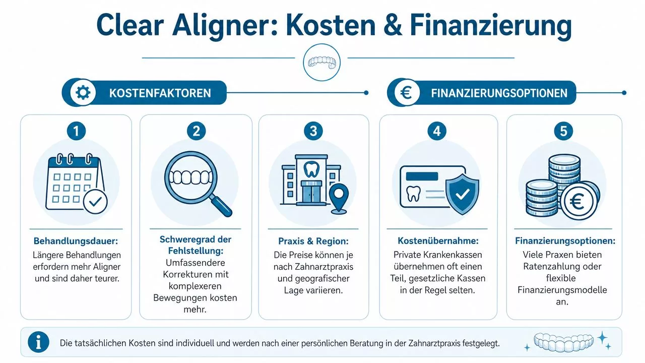 Infografik über Faktoren für Kosten und Finanzierungsmöglichkeiten bei der Behandlung mit Clear Alignern in einer Zahnarztpraxis.