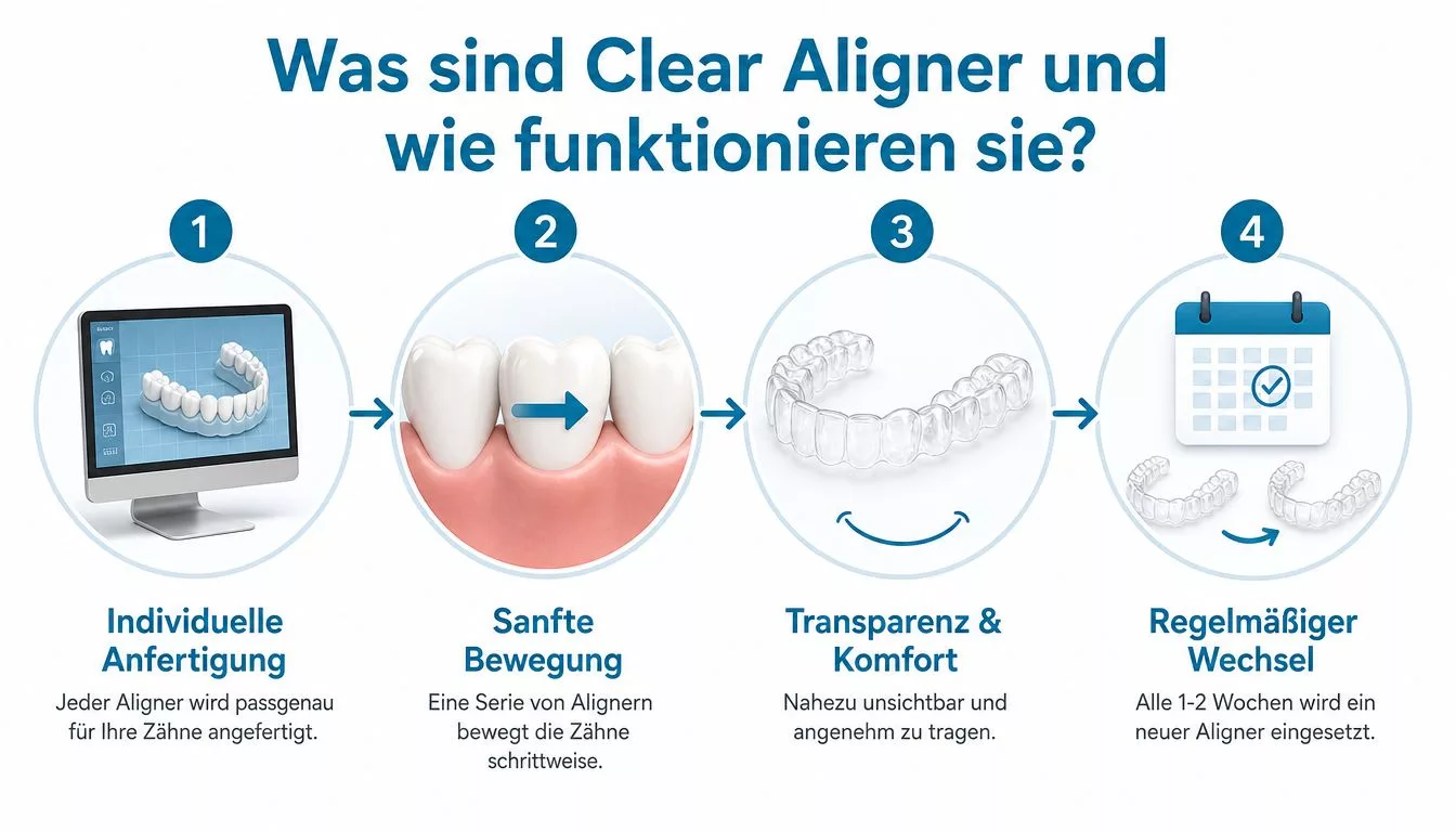 Eine vierteilige Grafik erklärt den Prozess der Anfertigung und Anwendung von transparenten Clear Aligner Zahnschienen.