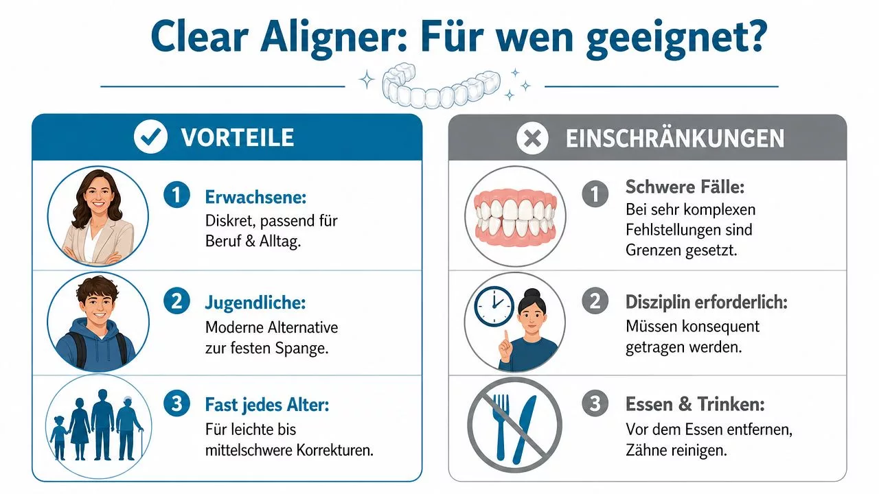 Eine Infografik, die die Vor- und Nachteile von transparenten Zahnschienen für verschiedene Altersgruppen und Lebenssituationen erklärt.