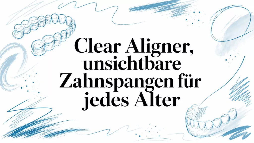 Advertising banner: 'Clear Aligner, unsichtbare Zahnspangen für jedes Alter' with blue dental-arch sketches around the text.