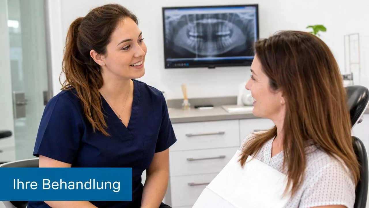 Eine Zahnärztin berät eine Patientin in einer modernen Zahnarztpraxis während eines persönlichen Beratungsgesprächs über deren Behandlung.