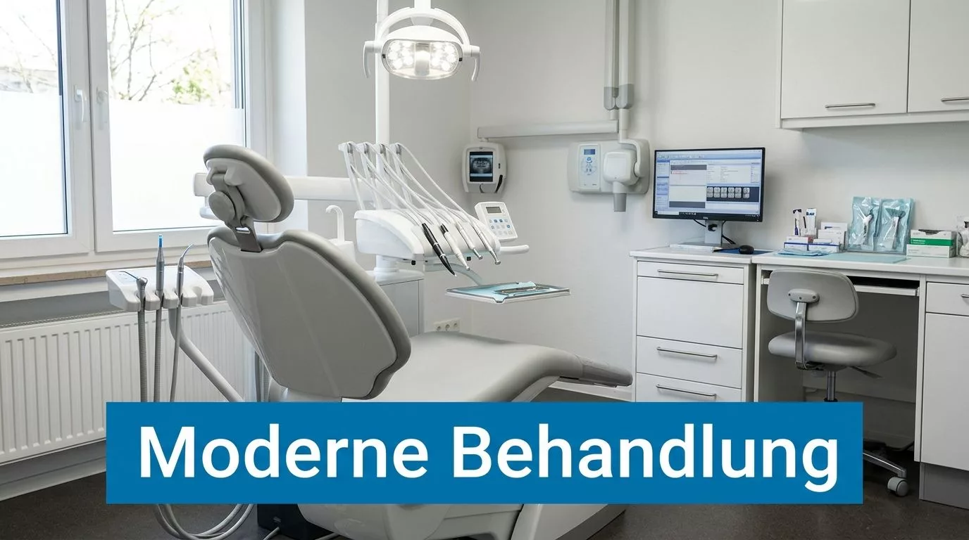 Ein moderner, sauberer Behandlungsraum in einer Zahnarztpraxis mit einem zahnmedizinischen Stuhl und professioneller Ausrüstung.