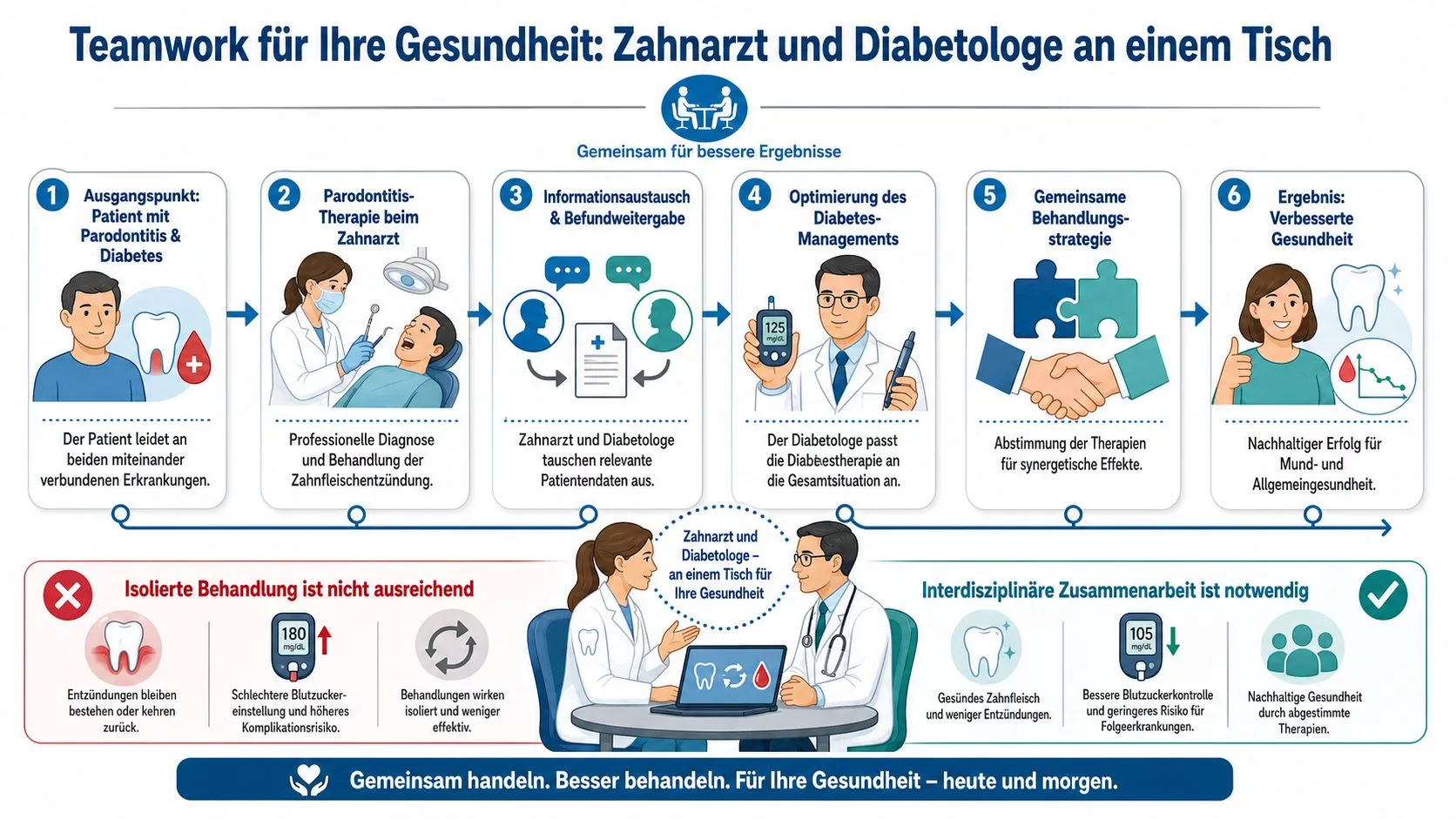 Infografik zur interdisziplinären Zusammenarbeit zwischen Zahnarzt und Diabetologe für die Behandlung von Parodontitis und Diabetes.