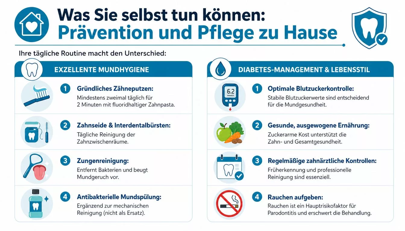 Infografik zur Prävention und Pflege bei Diabetes und Parodontitis mit Tipps zur Mundhygiene und einem gesunden Lebensstil.