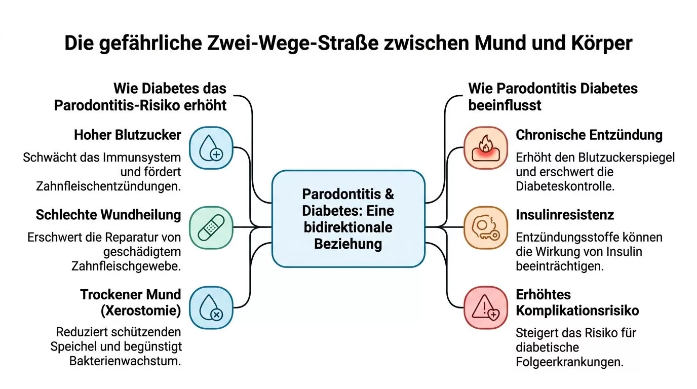 Eine Infografik zeigt die wechselseitige Beziehung zwischen Parodontitis und Diabetes durch verschiedene biologische und klinische Faktoren auf.