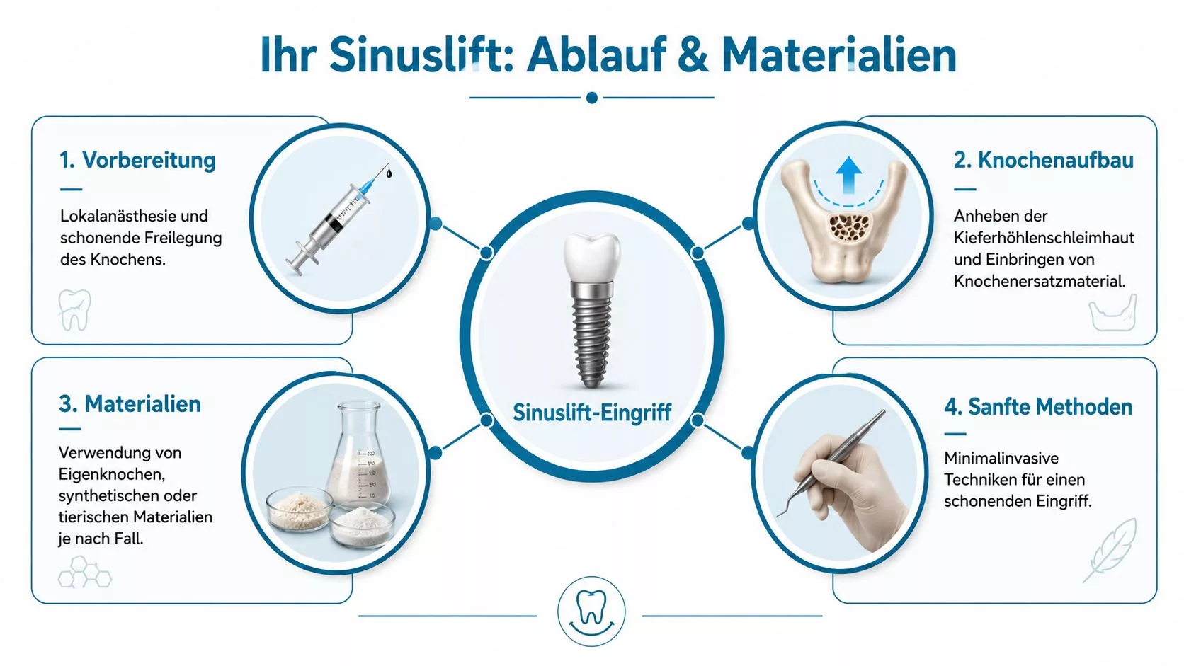 Infografik zeigt die vier Schritte eines Sinuslift-Verfahrens für ein Zahnimplantat von der Vorbereitung bis zur Behandlung.