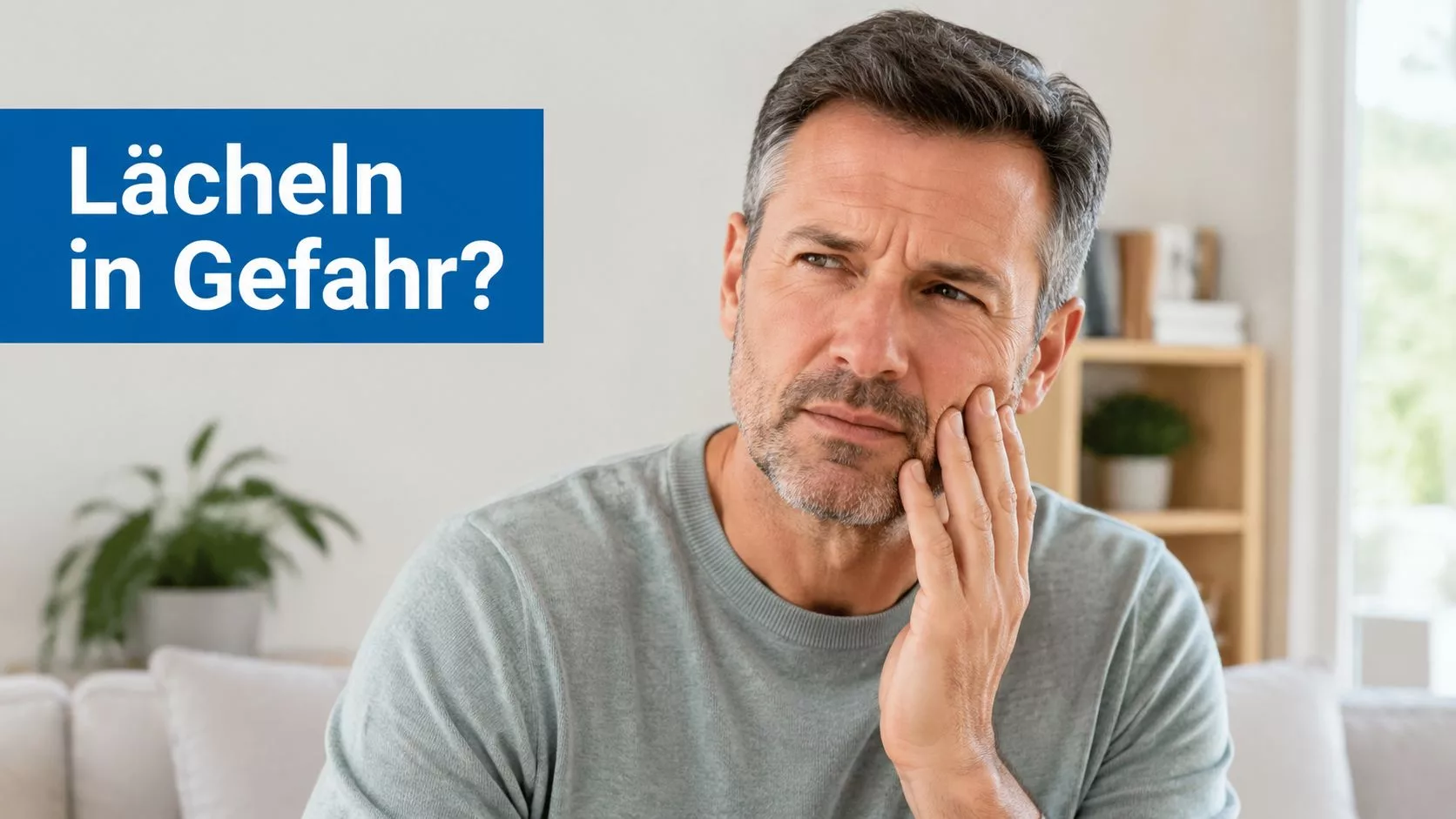 Ein besorgter Mann hält sich die Wange, was auf Zahnschmerzen oder Zahnprobleme hindeutet, mit Text Lächeln in Gefahr.