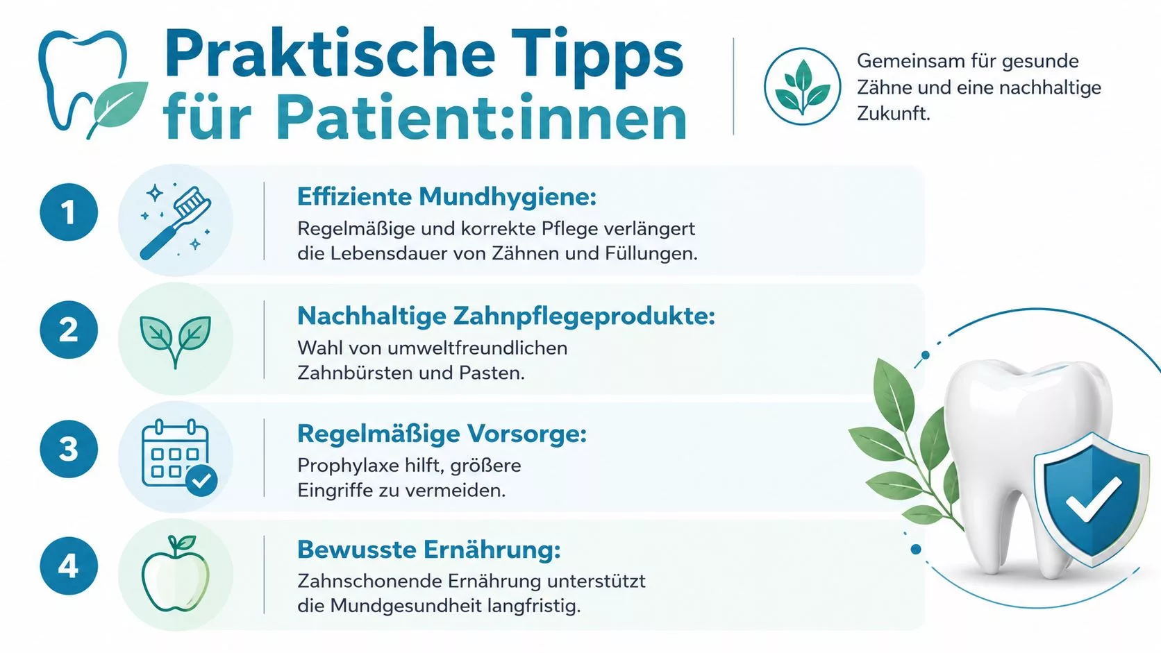 Infografik mit vier praktischen Tipps für nachhaltige und gesunde Mundhygiene für Patienten zur langfristigen Zahngesundheit.