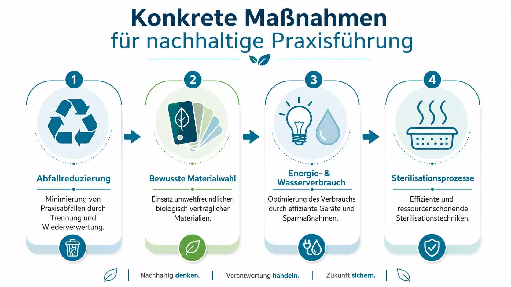 Infografik mit vier Schritten zur nachhaltigen Praxisführung: Abfallreduzierung, Materialwahl, Ressourcenmanagement und effiziente Sterilisationsprozesse in der Zahnmedizin.