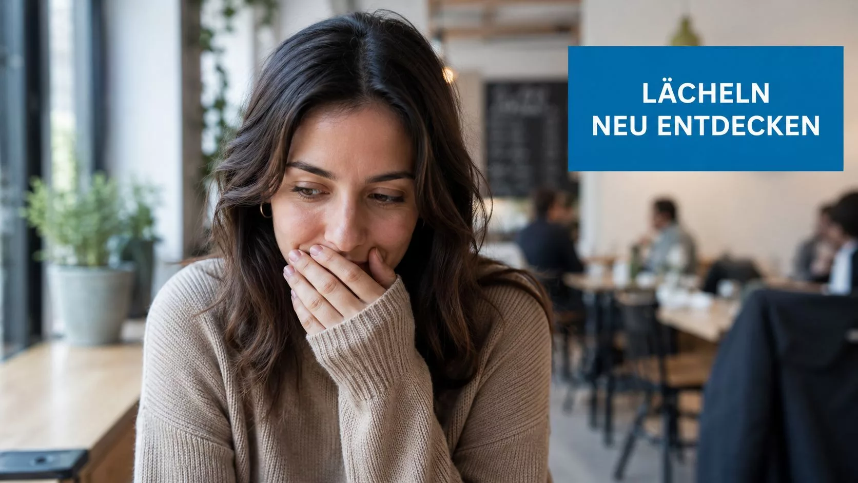 Eine junge Frau mit braunen Haaren hält sich nachdenklich die Hand vor den Mund in einem Café.