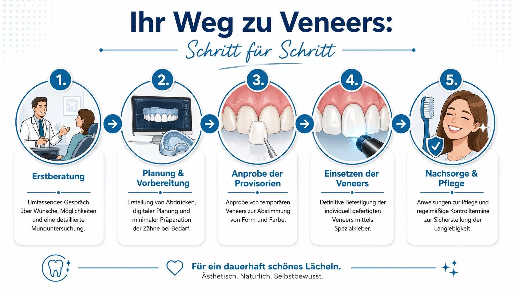 Eine Infografik zeigt den fünfstufigen Prozess für den Erhalt von Veneers, vom Beratungsgespräch bis zur Nachsorge.