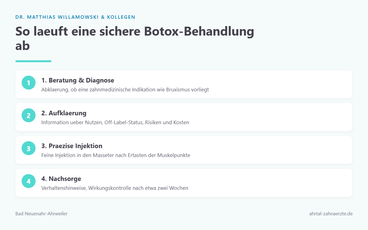 Ablaufgrafik in vier Schritten von der Beratung ueber die Aufklaerung und die praezise Injektion in den Kaumuskel bis zur Nachsorge