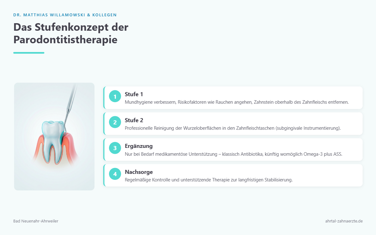 Schematische Darstellung der aufeinanderfolgenden Behandlungsschritte von der Mundhygiene über die Reinigung der Zahnfleischtaschen bis zur Nachsorge