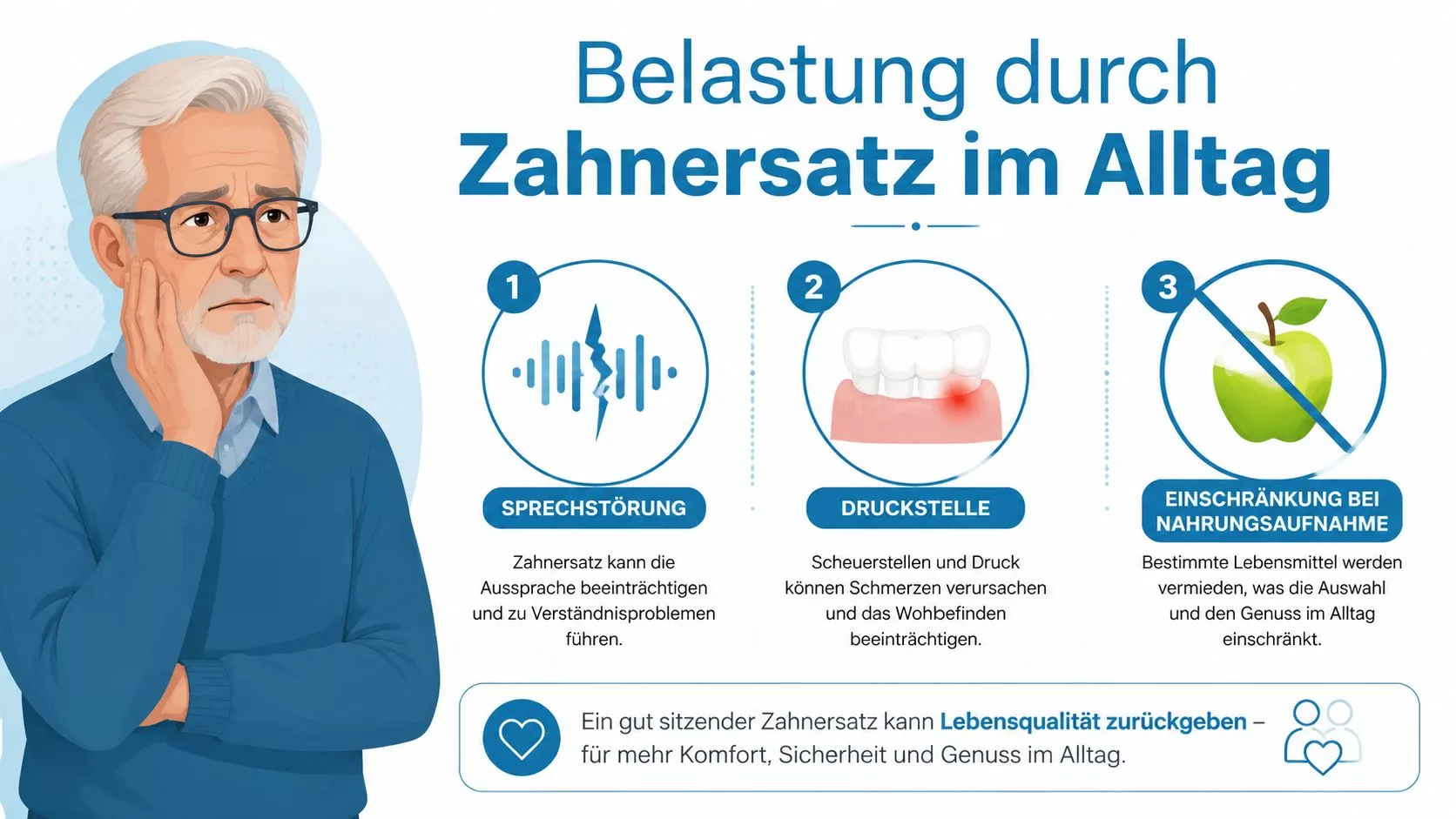 Ein älterer Mann mit Zahnproblemen, illustriert mit den drei häufigsten Schwierigkeiten bei Zahnersatz im Alltag.