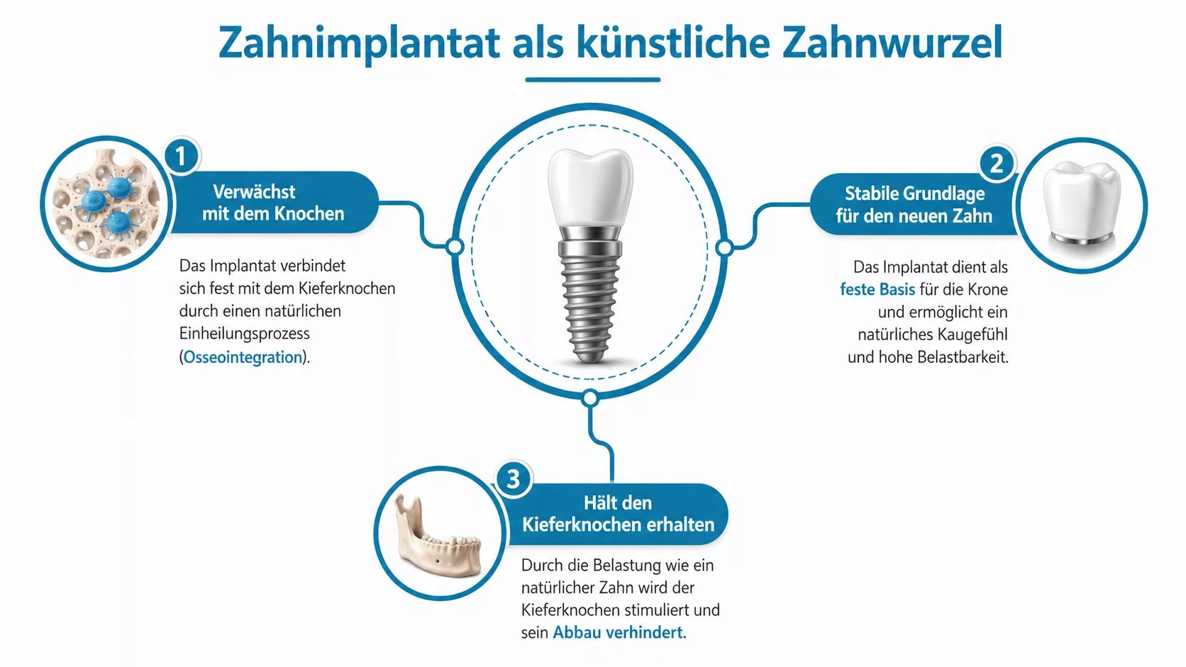 Grafik zur Funktionsweise von Zahnimplantaten als künstliche Zahnwurzeln mit Erläuterungen zur Osseointegration, Stabilität und Knochenerhaltung.
