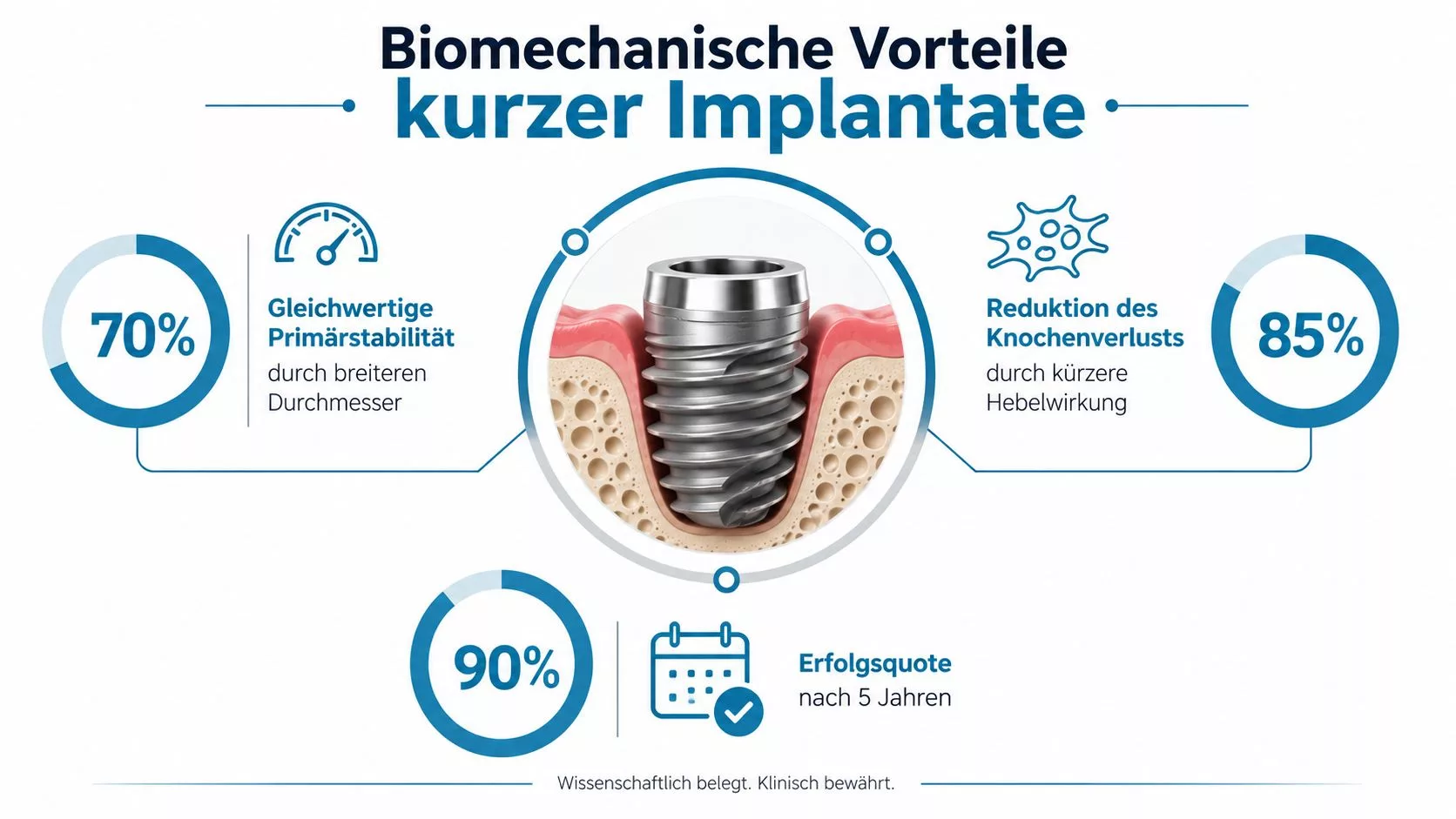 Infografik über biomechanische Vorteile kurzer Zahnimplantate, dargestellt durch Prozentwerte, wissenschaftliche Belege und grafische Symbole.