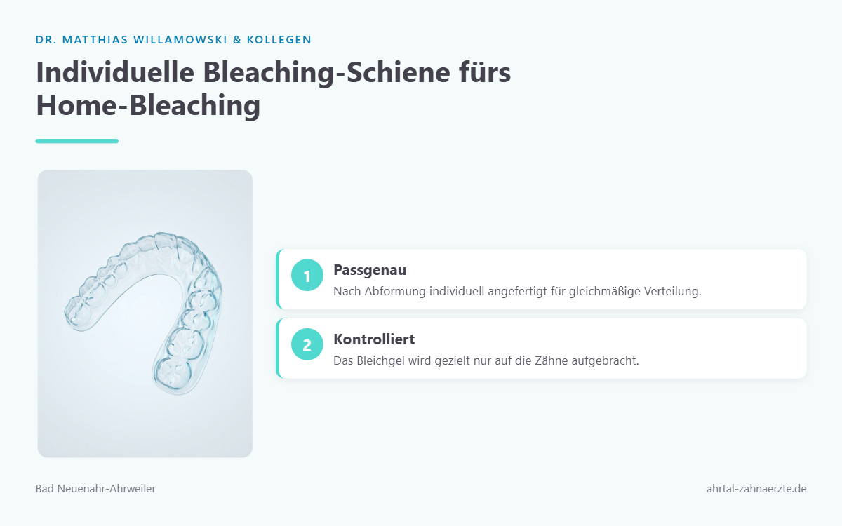 Durchsichtige, passgenaue Kunststoffschiene für den Oberkiefer, wie sie beim zahnärztlich begleiteten Home-Bleaching verwendet wird.
