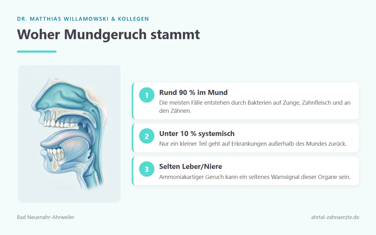 Schematische Darstellung eines Mundes mit belegter Zunge als Hauptquelle von Mundgeruch