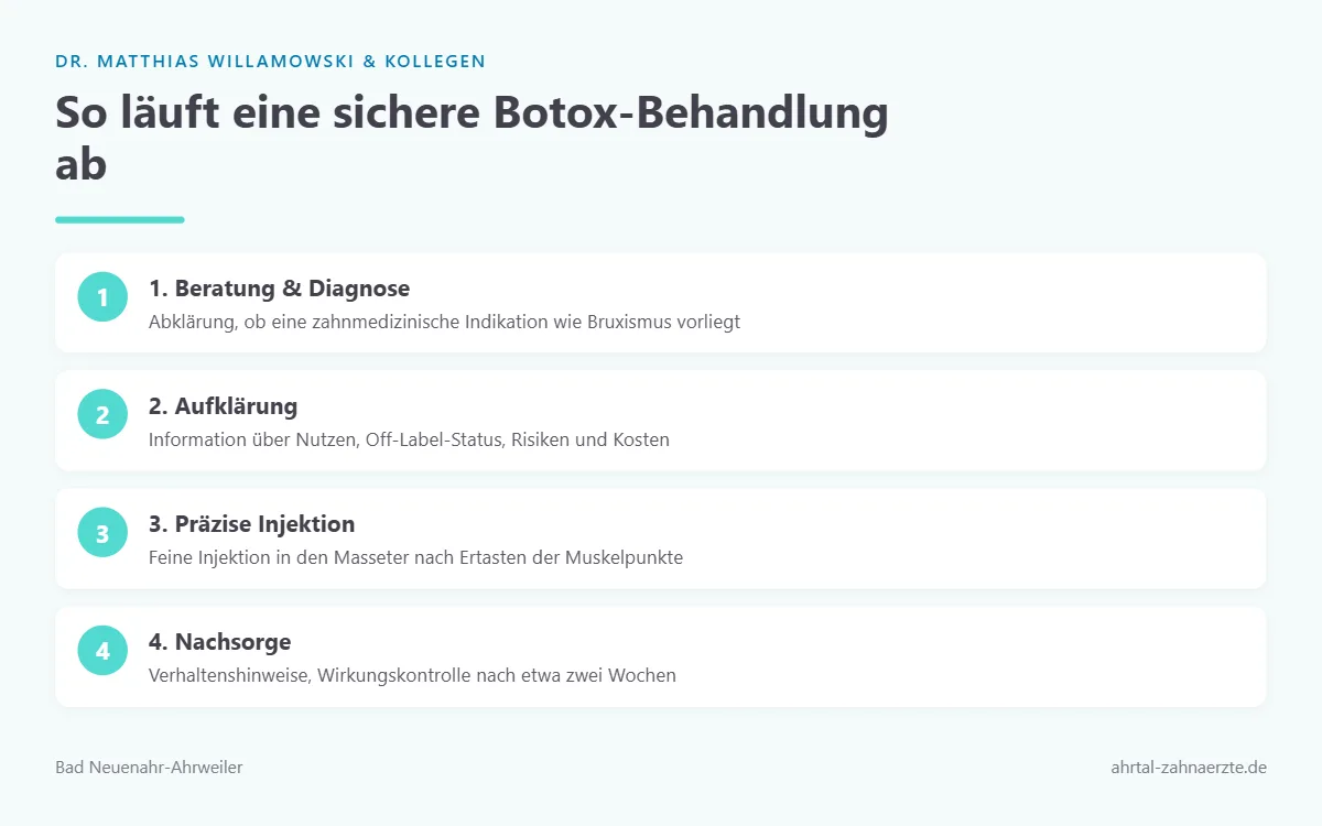 Blogbotoxzahnmedizingefaehrlich1umlaute Dr Matthias Willamowski Kollegen Ablaufgrafik in vier Schritten von der Beratung über die Aufklärung und die präzise Injektion in den Kaumuskel bis zur Nachsorge