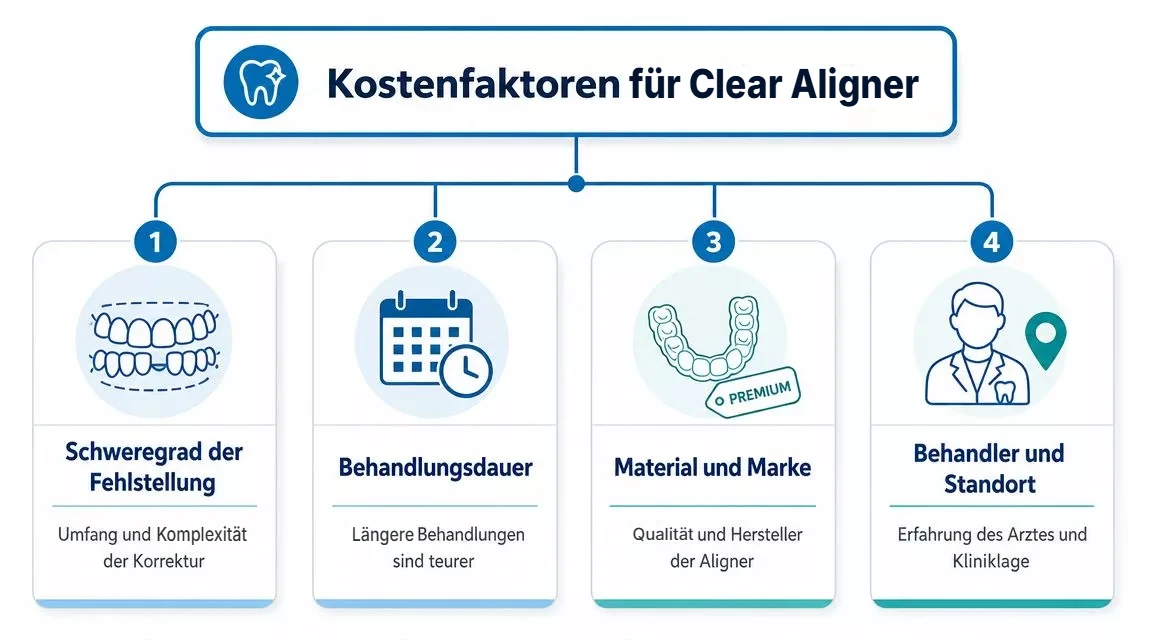 Eine Infografik mit vier wesentlichen Kostenfaktoren für die Behandlung mit unsichtbaren Zahnschienen beziehungsweise Clear Alignern.