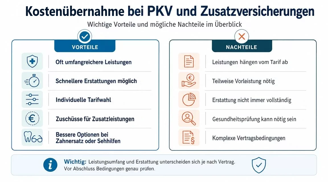 Eine Infografik über die Vor- und Nachteile von privater Krankenversicherung und Zusatzversicherungen bei der Kostenübernahme.